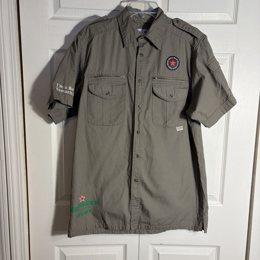 Vintage Fox Fire Heineken Light Short Sleeve Shirt Men LR Olive Green Utility